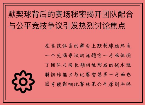 默契球背后的赛场秘密揭开团队配合与公平竞技争议引发热烈讨论焦点 默契球背后的赛场秘密揭开团队配合与公平竞技争议引发热烈讨论焦点